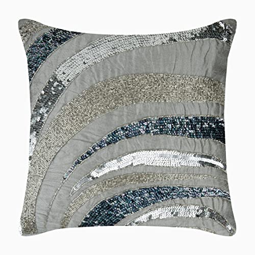 The HomeCentric Luxury Grey ZipperedÂ Toss PillowÂ Covers 16x16 inch (40x40 cm), French Cottage Pillow Covers, Silk Decorative Sofa Pillow Covers, Abstract, Modern Pillow Covers - Silver Bands