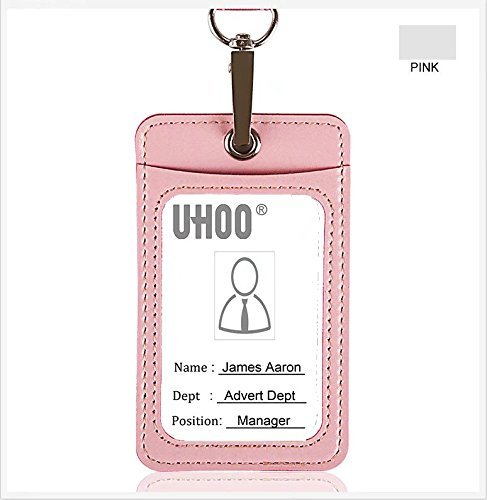 UHOO Badge Holder, Leather Vertical ID Card Holder with Neck Lanyard Multi Card Holder(Pink)