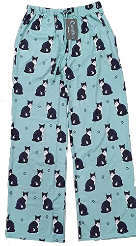 E&S Imports Unisex Cat Lounge Pants, Green Pajama Bottoms with Black and White Tuxedo Cat and Paw Prints