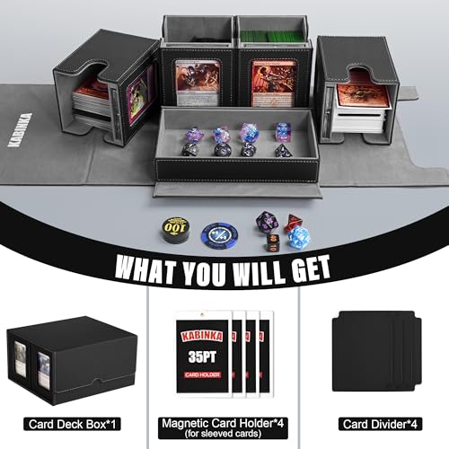 Image of Kabinka Card Deck Box for MTG Commander, Holds 400+ Double-Sleeved Cards, 5 IN 1 Detachable Card Case with Dice Tray, Fits Magic /TCG Cards, 4 Magnetic Card Holders & Dividers (Black)