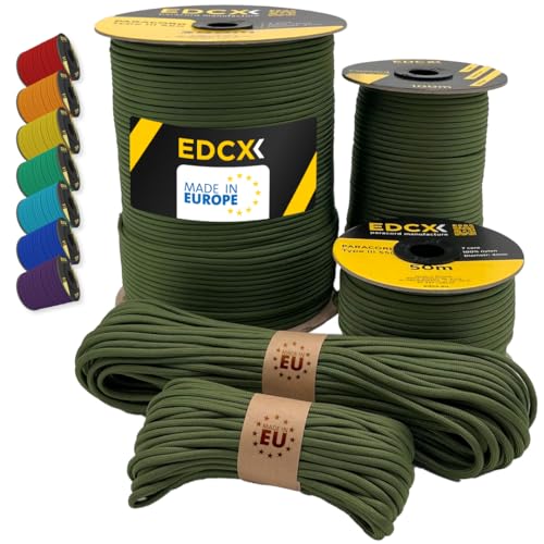 EdcX Paracord 4 mm, 35+ Volltonfarben (10 m, 15 m, 30 m, 50 m, 100 m, 300 m) | Ideal zum Basteln, Camping, Outdoor | 100% Nylonseil 4 mm| Taktische Schnur 550 Typ III (Moss, 10 m)