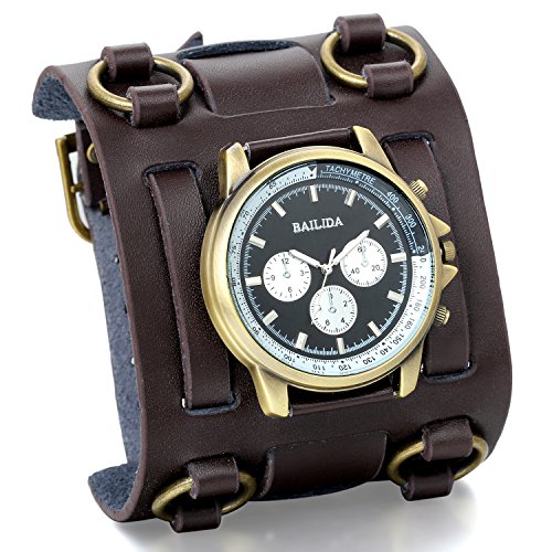 JewelryWe Black Brown Hip-hop Gothic Punk Style Men Watch Wide Leather Fashion Cuff Wristwatch for Fathers Day product thumbnail 12