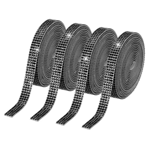 PATIKIL 4 Rollos de Cinta de Rhinestones, Tiras Autoadhesivas de Cristal de 0.35', 4 Yardas de Pegatinas de Diamantes Bling en Resina para Manualidades DIY, Color Negro