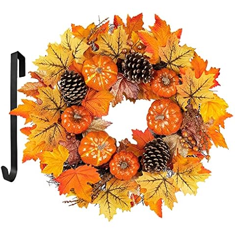Fall Wreaths for Front Door, 24" Artificial Pumpkin Wreath Cover