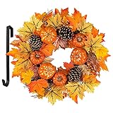 Fall Wreaths for Front Door, 24" Autumn Wreath with Hangers, Large Artificial Pumpkin Wreath, Silk M