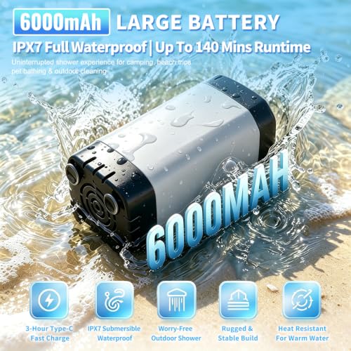 Ducha portátil para camping con calentador – Bomba de agua caliente recargable 6000mAh con pantalla LED, 3 modos de spray, para camping al aire libre, RV, baño de mascotas, lavado de autos, viaje miniatura 2