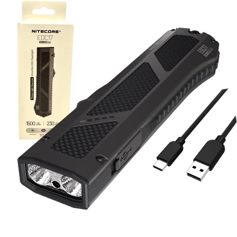 Nitecore EDC17 EDC17 ładowalna latarka 3 w 1 - 1500 lumenów biała dioda LED, światło UV 365 nm i dodatkowa wiązka z kablem USB Eco-Sensa