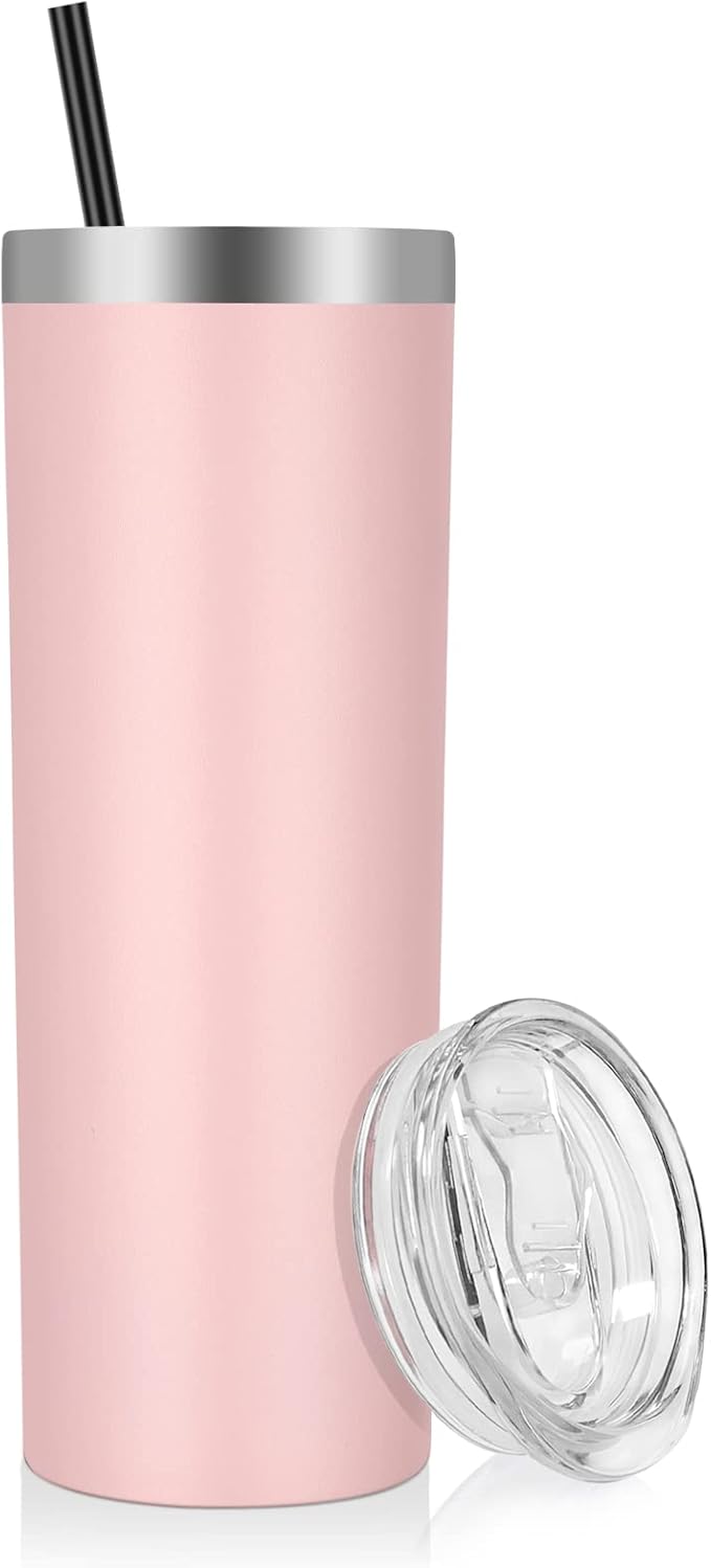 VEGOND Stainless Steel Skinny Tumbler, 20 oz Vacuum Insulated Tumbler with Lid and Straw, Double Wall Coffee Cup, Travel Mug for Cold Hot Drinks, Light Pink 1 Pack
