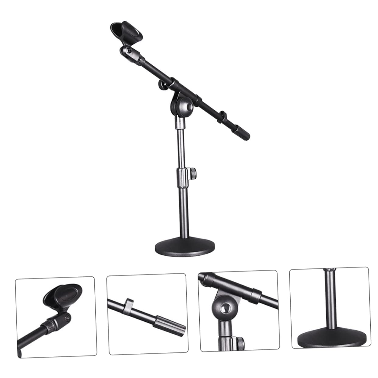 Supporto Microfono da Tavolo Nero Base Tonda Regolabile | Design da Scrivania, Ferro Robusto, Stile Compatto e Leggero, Adatto per Casa e Performance su Palco