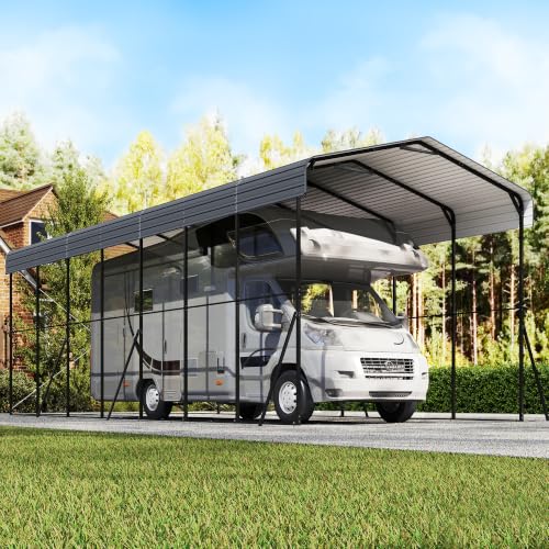 Image of 14x35x13ft RV Metal Carport with Galvanized Steel Roof, Heavy Duty Car Canopy,Outdoor Extra Long & Tall Garage Shelter Shade for RV, SUV, Truck, Tractors and Boats, Tools Gray