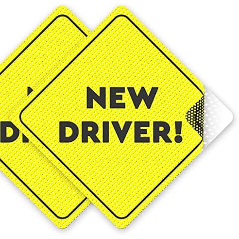 New Driver Sticker Sign for Car - Essential Signs for Learner Drivers - 5"X5" - 2 Pack - NON-MAGNETIC Stickers - Bright Yellow and SEE-THROUGH when Reversing - Use with P Sign or L Plate Cover
