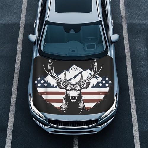 Image of Deer American Flag Car Hood Cover Polyester Elastic Fabrics Can be Washed Car Hood Cover Flag Suitable for Auto Car Truck, Van, SUV, Pickup