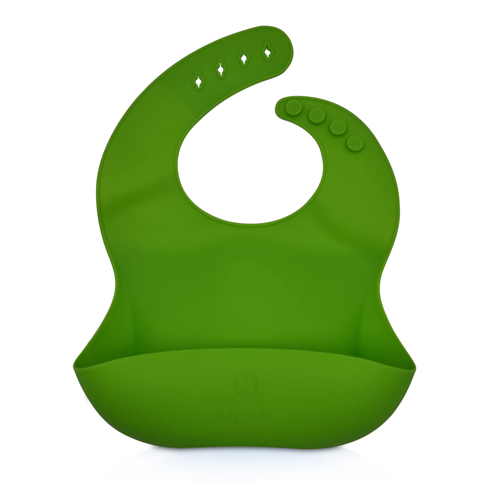 Milah Waterproof Silicone Bib Easily Wipes Clean I Adjustable Soft Bibs Keep Stains off I Wide pouch to catch any spills I BPA Free Food Grade Silicone I Easy Roll up and go (Green)