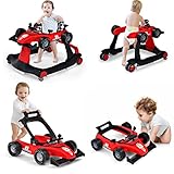HONEY JOY 4-in-1 Baby Walker, Activity Push Walker w/3 Adjustable Heights, Smooth Wheels w/Adjustable Speed, Padded Seat, Music & Light, Foldable Car Walker for Baby Boys Girls Age 6 Months+ (Red)