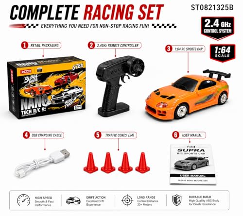 Image of Remote Control Sports Car & Off-Road SUV Toy for Kids, High Speed RC Racing with Wireless Remote, Realistic Lights & Premium Design Gift for Boys Girls (1:64 Supra CAR)