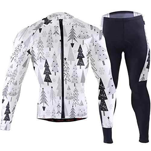 Seamless Grey White Christmas Trees on White Men Cycling Jersey Clothes Long Padded Pants Sets Quick Dry Bike Riding Shirts Clothes Long Sleeve Outfit Full Zipper Jacket(XL)