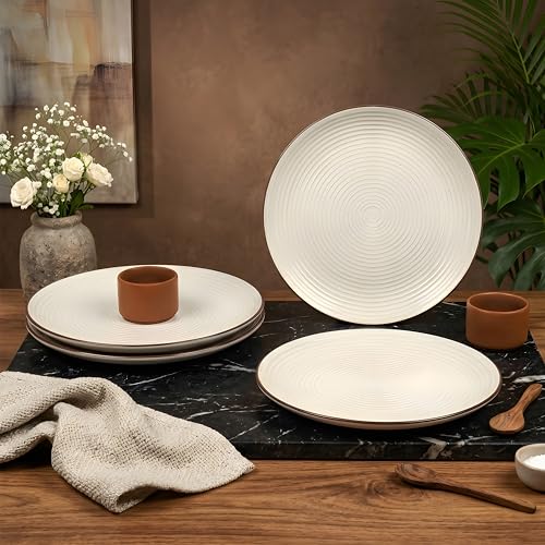Image of miah decor Dinner Plates Ceramic Set of 4 (10 inch) & Mini Dip Bowl Set of 2 (2.5 inch) | Handcrafted Stoneware Ribbed Off White Matte Finish Plate for Dining & Gifting | Microwave & Dishwasher Safe