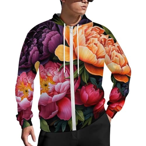 Colorful Peony Flowers Men's Zip Up Hoodie Lightweight Soft Hooded Sweatshirts Casual Jacket Coat