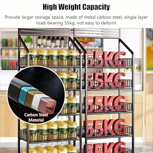 Storage Cart For Variety Applications 4-Tier Carbon Steel Storage Trolley With Hole Board Snacks Fruit And Vegetable Basket Kitchen Storage Cart Display Stand Bathroom Kitchen(Black-50X27X140Cm)-yxvPMsoj