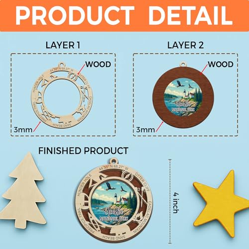 Lerime66 Acadia National Park Christmas Ornament, 2 Layer Wood Laser Cut Design, Holiday Tree Decoration, Travel Souvenir Gift, Lighthouse, Coastal & Hiking Memory