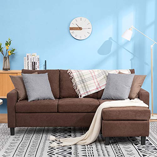 JY QAQA Convertible Sectional Sofa Couch with Reversible Chaise, L-Shaped Couch with Modern Linen Fabric for Small Space (Brown)