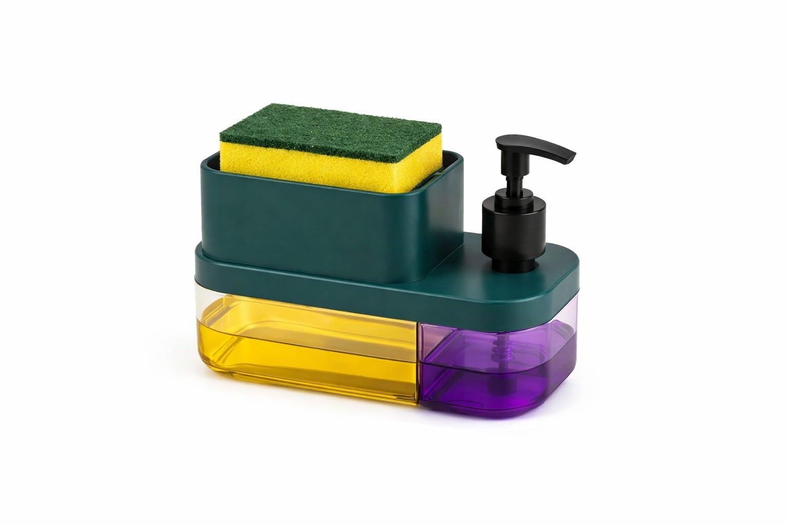 ENZIO 3-in-1 Kitchen Soap Dispenser with Sponge Holder | Dual Liquid Storage (600ml) | One-Hand Press Pump | Kitchen Countertop Organizer | Premium PP Plastic | Green-image-16