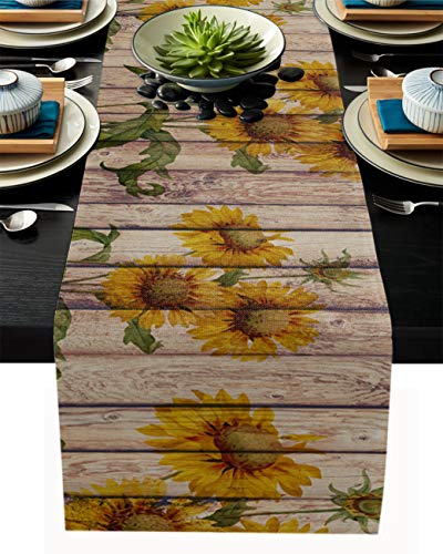 Sunflowers Rustic Table Runner-Cotton linen-Long 90 inche Dresser Scarves,Farmhouse Tablerunner for Kitchen Coffee/Dining/Sofa/End Table Home Living Room,Scarf Decor for Spring/Summer/Fall Dinner