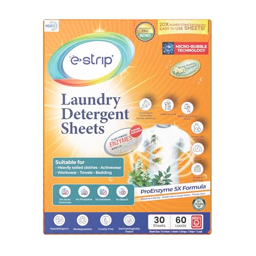 Image of eStrip Proenzyme 5X Laundry Detergent Sheets-90 Sheets(180 Loads)|Tough on Stains,Deep Enzyme Cleaning|Pre-Soak Power|Ecofriendly Alternative to Pods, Liquid, Powder Detergent|Front & Top Load Machine