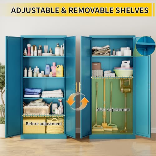 Image of Metal Pantry Cabinet, 71 inchH x 28 inchW x 14 inchD Pantry Cabinets with 2 Doors and 4 Adjustable Shelves, Kitchen Pantry Storage Cabinets, Metal Storage Cabinet for Kitchen, Dining Room, Living Room-Blue