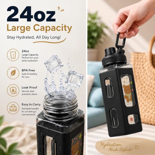 Image of Kawaii Water Bottle with Straw and Sticker, Kawaii Bear Water Bottle, Large Sport Plastic Portable Square Drinking Bottle for Girl, Cute Juice Tea Water Cups, 700 ML (BLACK)