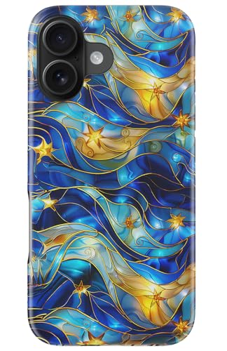 Image of Goodon for iPhone 16 Plus Case Cute - Wireless Charging Compatible - Dual-Layer Hard Shell + Silicone Cover - Protective Phone Case with Trendy Designs for Women - Abstract Bule Gold Water | Dual-Layer Hard Shell + Silicone, Slim Fit Protective Phone Cover with Wildflower Designs for Women Girls