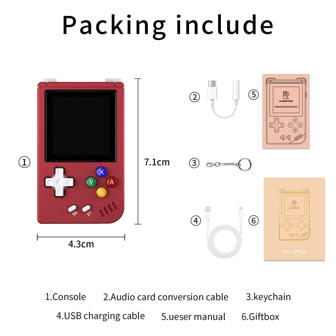 KANBUN RG Nano mini przenośna konsola do gier z 5000 grami, przenośna konsola do gier 64 GB z brelokiem, 1,5" IPS Full Fit Screen ręczna maszyna do gier MP3 w stylu retro do wielu emulatorów