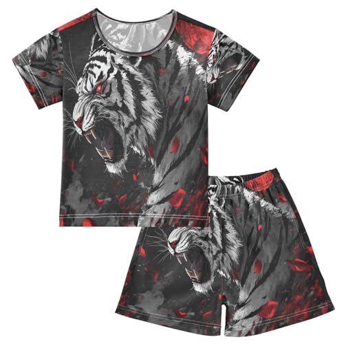ALAZA Tiger Animal Red Pajamas Set Short Sleeve Cotton Sleepwear Summer Pjs 2 Piece 5-14Y