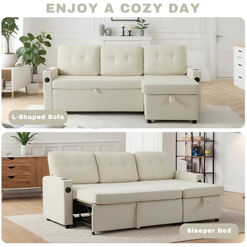 Image of 82 inch Pull Out Sofa Bed,L-Shape Modern Sleeper Sofa, Upholstered Sectional Couch with USB Port and Side Pockets for Living Room and Guest Room (Beige)