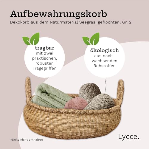 Lycce Aufbewahrungskorb Natur, Korb geflochten aus Seegras | dekorativer Flechtkorb mit Henkel vielseitig einsetzbar in deinem Zuhause als Wäschekorb, Picknickkorb, Präsentkorb leer | Gr. 2 (Ø 34 cm)