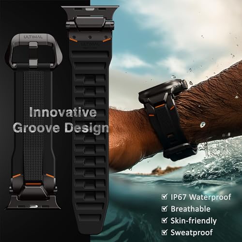 Image of ULTIMAL Rugged Band for Apple Watch Ultra 3 /2 /1 49mm, Series 11 /10 /9 /8 /7 /6 /5 /4 SE 46mm /45mm /44mm, Waterproof, Soft TPU Strap with Stainless Steel Buckle & Connectors, Sweat-Resistant, Easy to Clean, Fits 155-225mm Wrist (Black /Black)