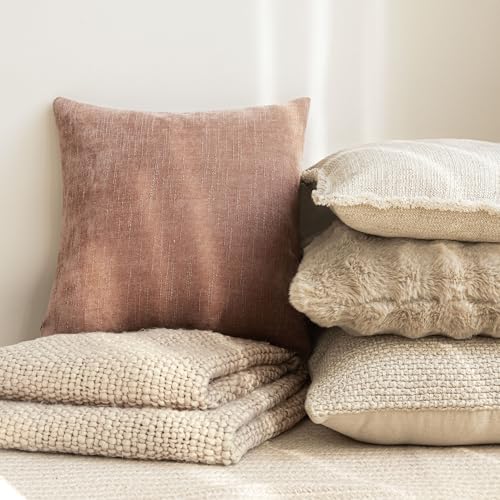 Image of Foindtower Pack of 2 Textured Chenille Throw Decorative Pillow Covers Square Accent Solid Cushion Cover Neutral Farmhouse Pillow Case for Couch Sofa Bedroom Living Room 16x16 Inch,Dusty Pink