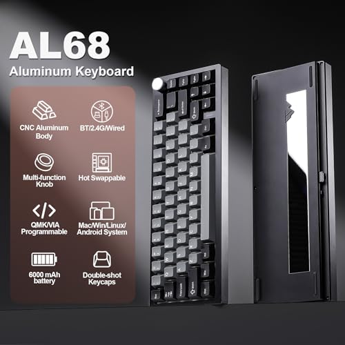 Image of YUNZII AL68 Wireless Mechanical Keyboard,Full Aluminum CNC,60% Layout with Knob, QMK /VIA Software,Gasket Mounted,Hot Swappable,RGB Backlit,BT /2.4G /USB-C for Mac /Win (Black, Cocoa Cream V2)