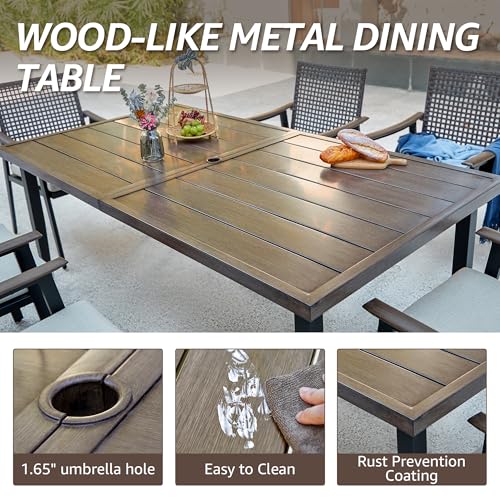 Image of NATURAL EXPRESSIONS 7 Piece Patio Dining Set for 6,Rattan Wicker Swivel Patio Dining Chairs with Cushions,Aluminum Woodgrain Armrest, 65 inch Large Dining Table with Umbrella Hole for Yard, Garden,Pool