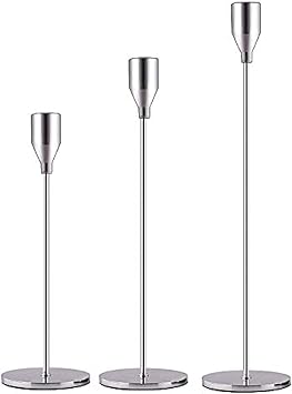 Silver Candle Holders Set of 3 Taper Candles Decorative Candle Stick Holders for Weddings, Dining Parties, 3/4" Thick Candles & LED Candles with Metal Candle Stand