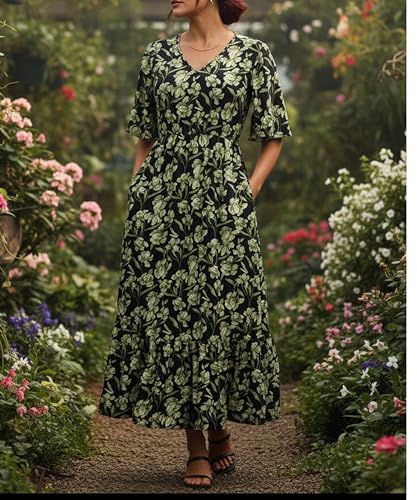 Image of Women's Summer Short Sleeve Maxi Floral Flowy Dresses with Pockets