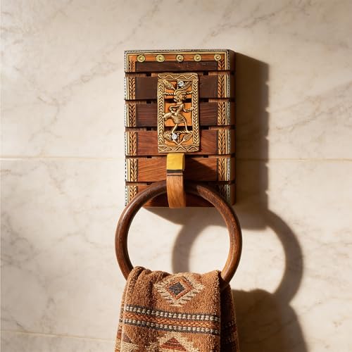 Image of Aakriti Art Creations Dhokra Art Wooden Towel Holder | Handcrafted Bathroom Towel Hanger with Tribal Metal Art | Matte Finish Brown Wall Mounted Towel Ring for Bath & Wash Area