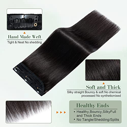 Image of Benehair One Piece Clip in Human Hair Extensions - Natural Black, 16inch 3 /4 Full Head Remy Hair, Long Straight, Soft, 5 Clips