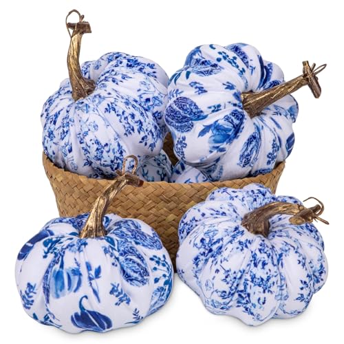 GnFlus Fake Pumpkin Decor 4 Pcs Faux Pumpkins Small Blue and White Velvet Pumpkins Mini Artificial Pumpkin Fall Decorations for Home Table Farmhouse Mantel Halloween Thanksgiving