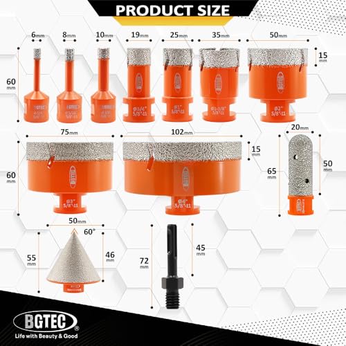 Image of BGTEC Tile Hole Saw Kit Diamond - 12PCS 5 /8-11 Thread Drill Bit 6 /8 /10 /19 /25 /35 /50 /75 /102mm+50mm Chamfer Bit+20mm Finger Bit+SDS Adapter for Pocelian Tile Ceramic Marble Granite Stoneware