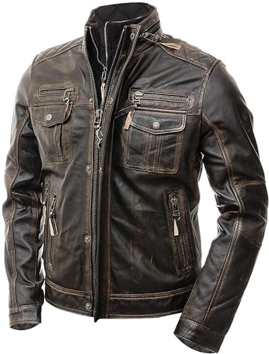 Image of Men's Leather Jacket Cafe Racer Biker Style Retro Stripes Jacket, Motorcycle Racing Leather Jacket Men
