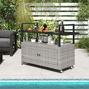 Tangkula Outdoor Bar Cart, Patiojoy Rolling Wicker Buffet Serving Cart with Tempered Glass Top, Storage Cabinet & 8 Hooks, Kitchen Island Cart on Wheels for Porch Backyard Garden Poolside (Mix Grey) Tangkula Outdoor Bar Cart Patiojoy Rolling Wicker Buffet Serving Cart with Tempered Glass Top Storage Cabinet 8 Hooks Kitchen Island Cart on Wheels for Porch Backyard Garden Poolside Mix Grey