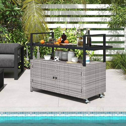 Tangkula-Outdoor-Bar-Cart-Patiojoy-Rolling-Wicker-Buffet-Serving-Cart-with-Tempered-Glass-Top-Storage-Cabinet-8-Hooks-Kitchen-Island-Cart-on-Wheels-for-Porch-Backyard-Garden-Poolside-Mix-Grey Tangkula Outdoor Bar Cart Patiojoy Rolling Wicker Buffet Serving Cart with Tempered Glass Top Storage Cabinet 8 Hooks Kitchen Island Cart on Wheels for Porch Backyard Garden Poolside Mix Grey