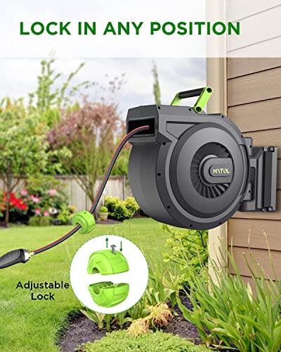 Mytol Retractable Garden Hose Reel, 1/2 Inch X 100 Ft + 6 Ft Wall Mount Hose Reel With Automatic Slow Rewind System, Any Length Lock, 10 Patterns Hose Nozzle, 180°Swivel Bracket, For Garden Watering #TOP4