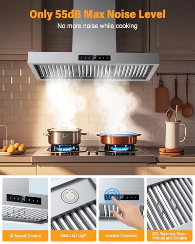 36 Inch Wall Mount Range Hood 1200CFM, 4-Speed Wall Mount Range Hood with Touch Control & Gesture Sensing Stainless Steel Kitchen Stove Vent Hoods with 2 LED Lights Luxury Series